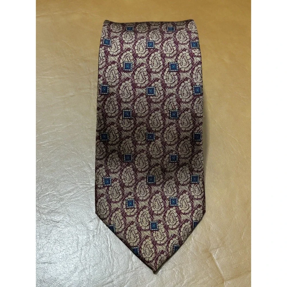 Halston III Necktie Mens‎ Brown Geometric Paisley 100% Italian Silk Formal Dress